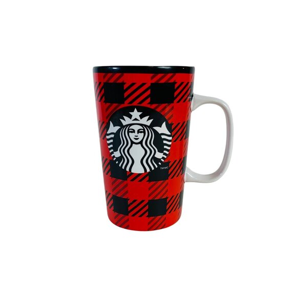 Starbucks Buffalo Plaid Coffee Mug Tall Red Black Checked Ceramic Tumbler 16 Oz - Picture 12 of 12
